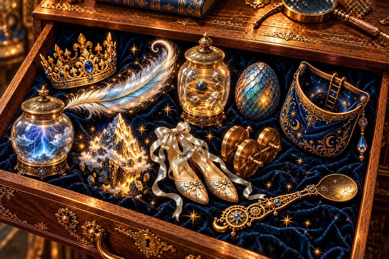 Ten magical objects nestled in a midnight-blue velvet drawer.