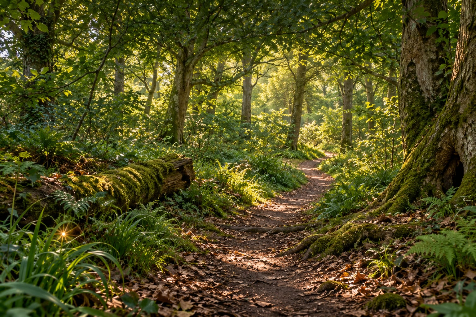 Golden summer sunlight filters through deep green English woodland. A narrow path winds past a mossy log and an old hollow tree.