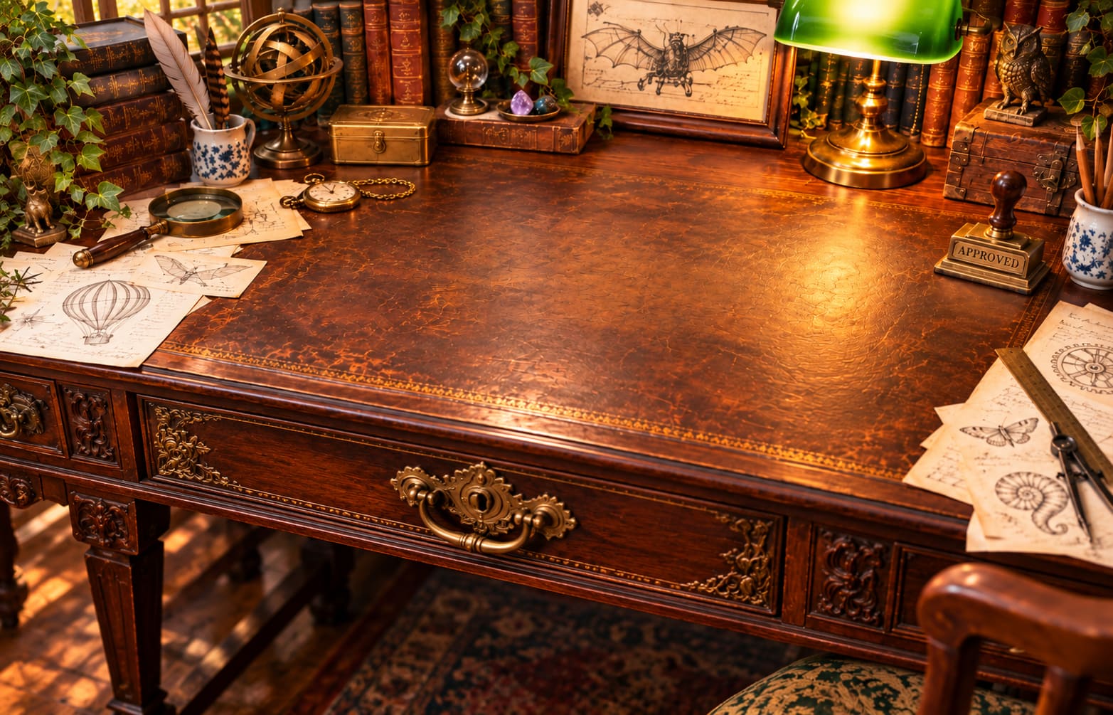 An inventor’s antique desk with a closed drawer and ornate brass handle, a clear leather work surface, and a brass APPROVED stamp.