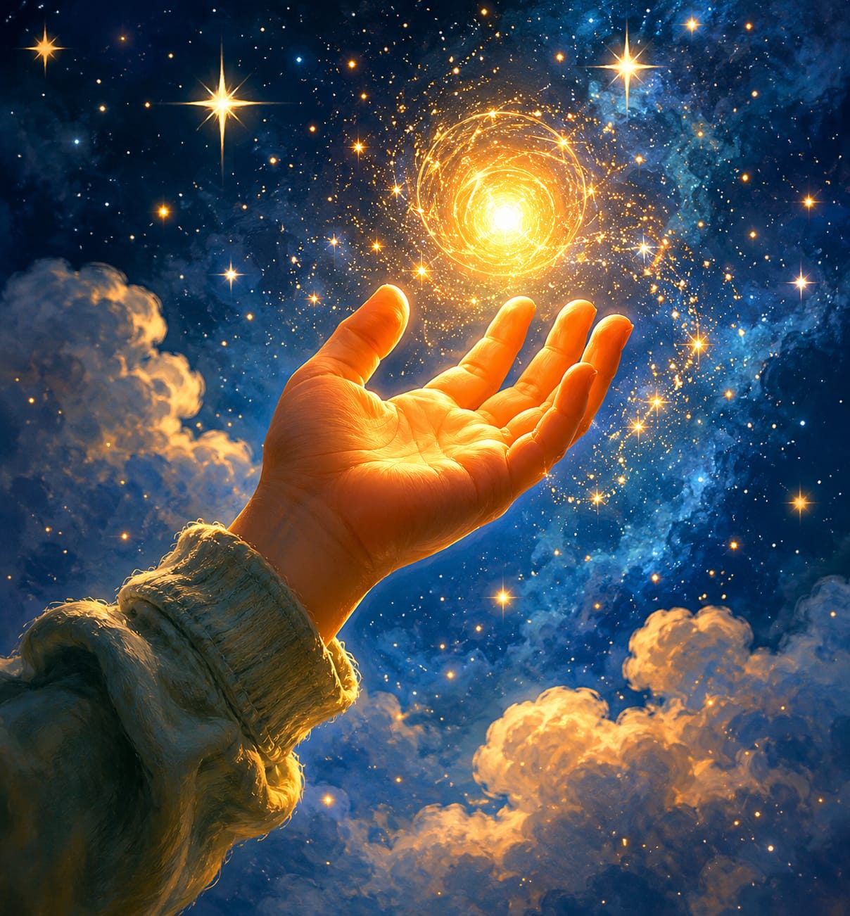 A child's open hand cupping a spiral of golden light against a starry sky