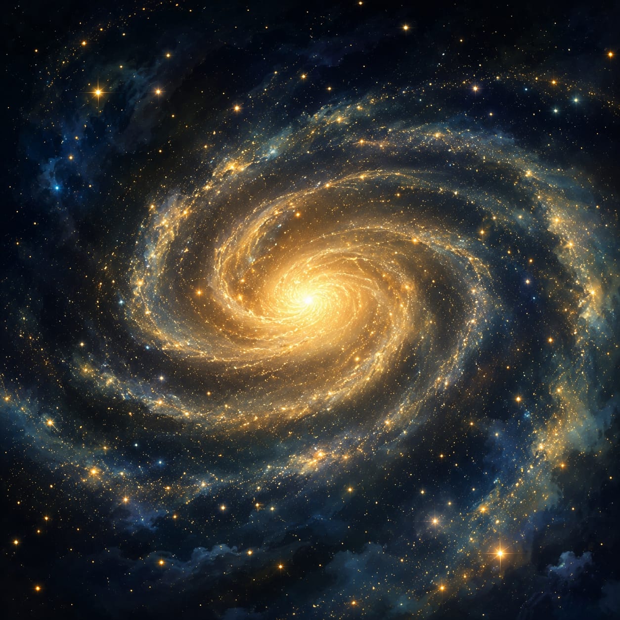 A spiral galaxy turning in deep velvet darkness, a warm golden core and sweeping arms of countless stars